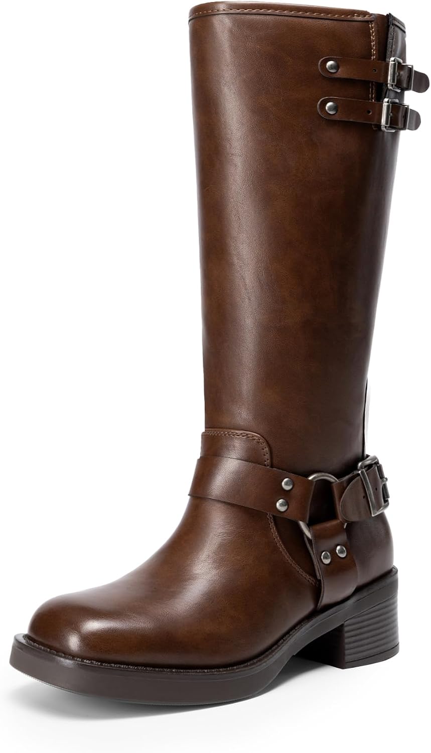 Women's Moto Knee High Boots with Block Heel & Buckles