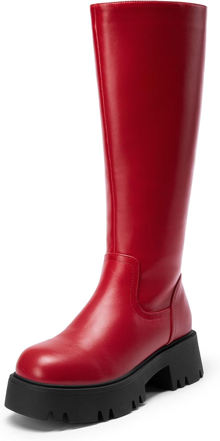 Women's Knee High Platform Chunky Heel Boots with Side Zip
