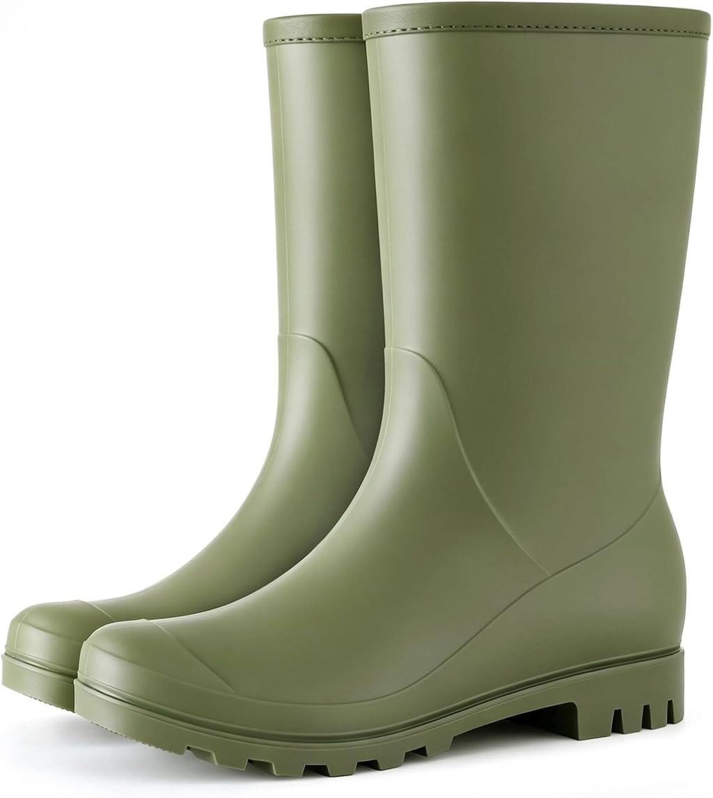 Women's Mid-Calf Waterproof Rubber Rain Boots, Slip-On