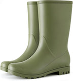 Women's Mid-Calf Waterproof Rubber Rain Boots, Slip-On