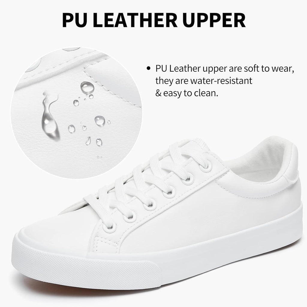 Women's White PU Leather Sneakers - Water-Resistant Casual
