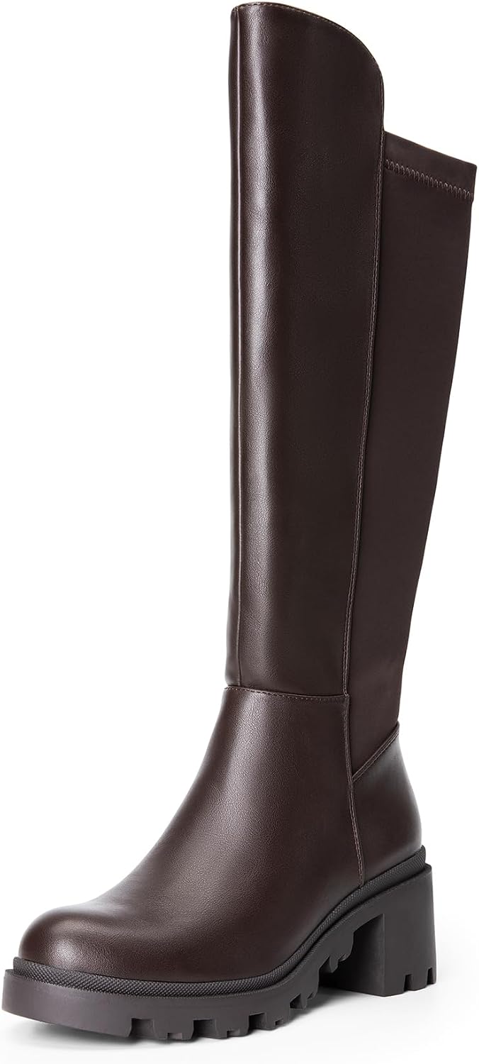 Women's Black Platform Knee High Boots with Lug Sole