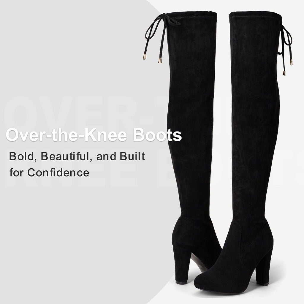 Women's Suede Thigh High Boots with 3.5" Block Heel