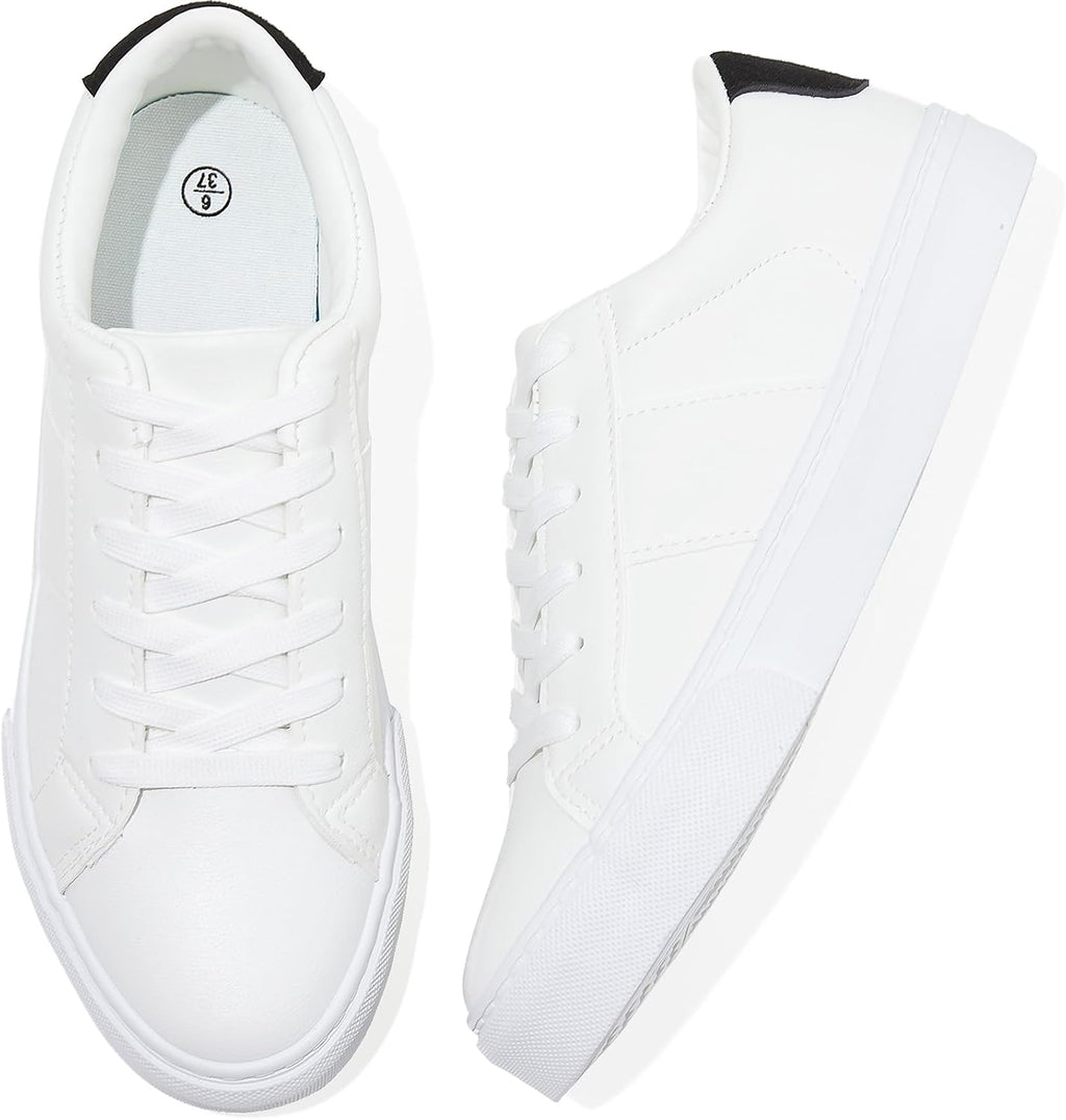Women's White Low Top Sneakers, PU Leather Lace-Up Shoes