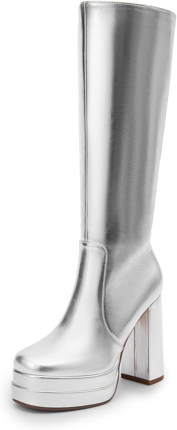 Women's White Gogo Platform Knee High Boots, Patent Finish