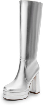 Women's White Gogo Platform Knee High Boots, Patent Finish