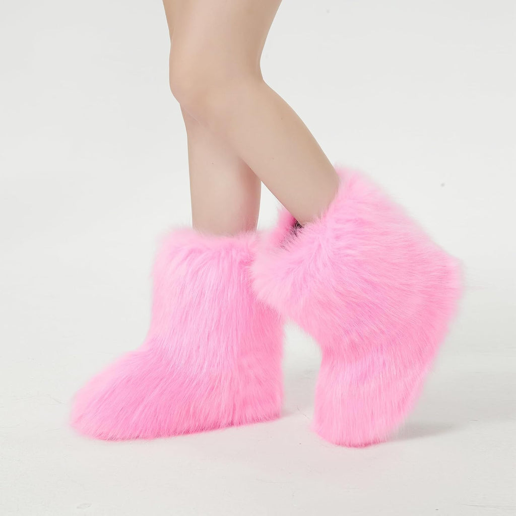 Women's Faux Fur Snow Boots – Fluffy Mid-Calf Flat Winter Boots