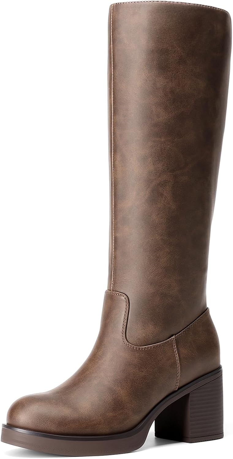 Women's Knee High Platform Boots with Inner Zipper, Round Toe