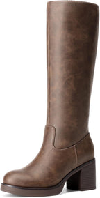 Women's Knee High Platform Boots with Inner Zipper, Round Toe