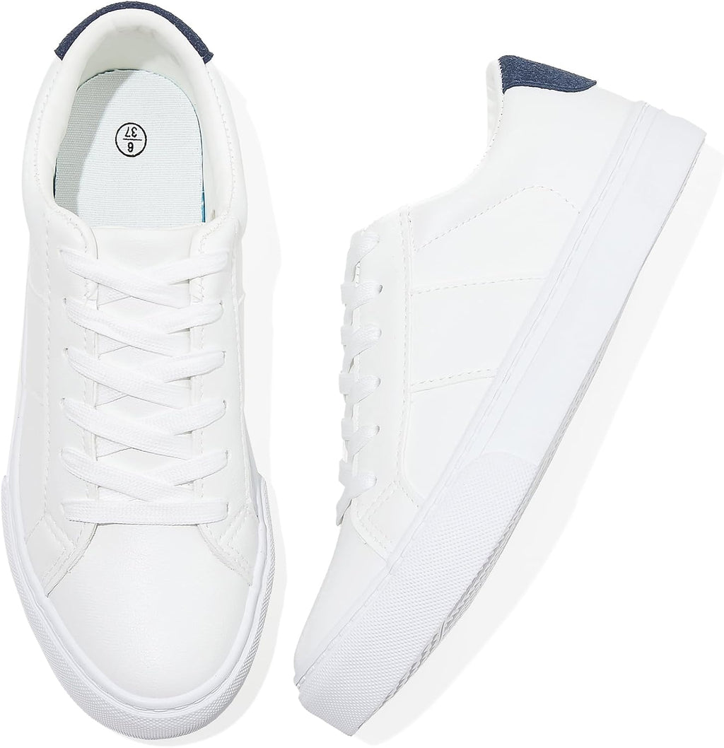 Women's White Low Top Sneakers, PU Leather Lace-Up Shoes