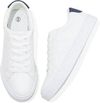 Women's White Low Top Sneakers, PU Leather Lace-Up Shoes