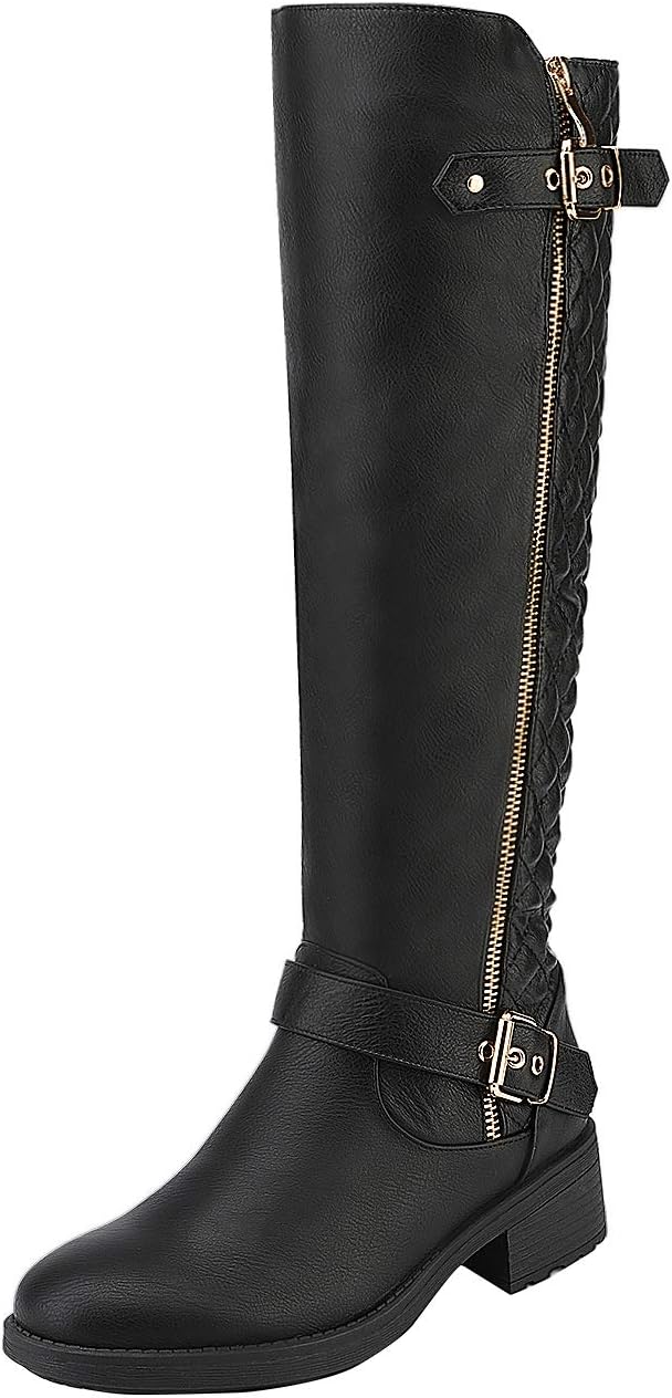 Women's Wide Calf Knee High Moto Boots with Faux Fur Lining