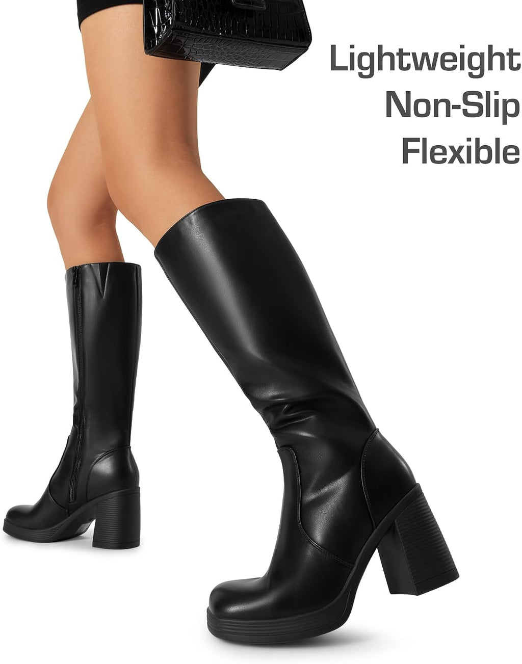Women's Black Knee High Platform Boots with Inside Zip