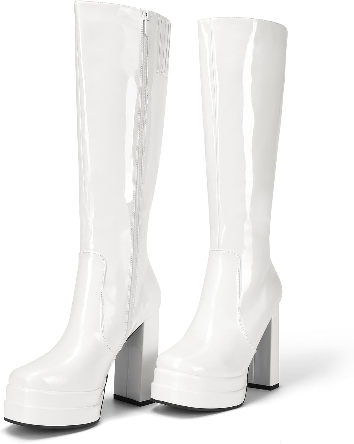 Women's White Gogo Platform Knee High Boots, Patent Finish