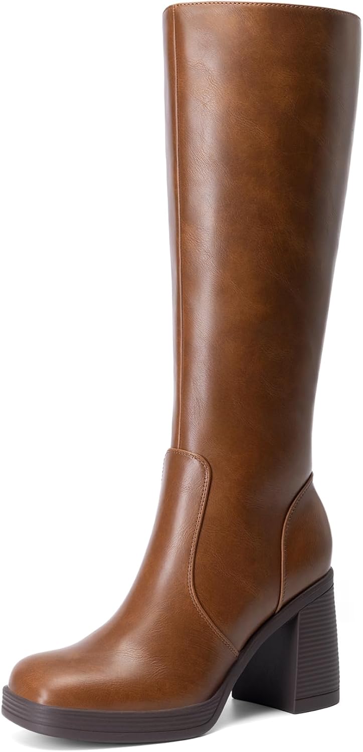 Women's Black Knee High Platform Boots with Inside Zip