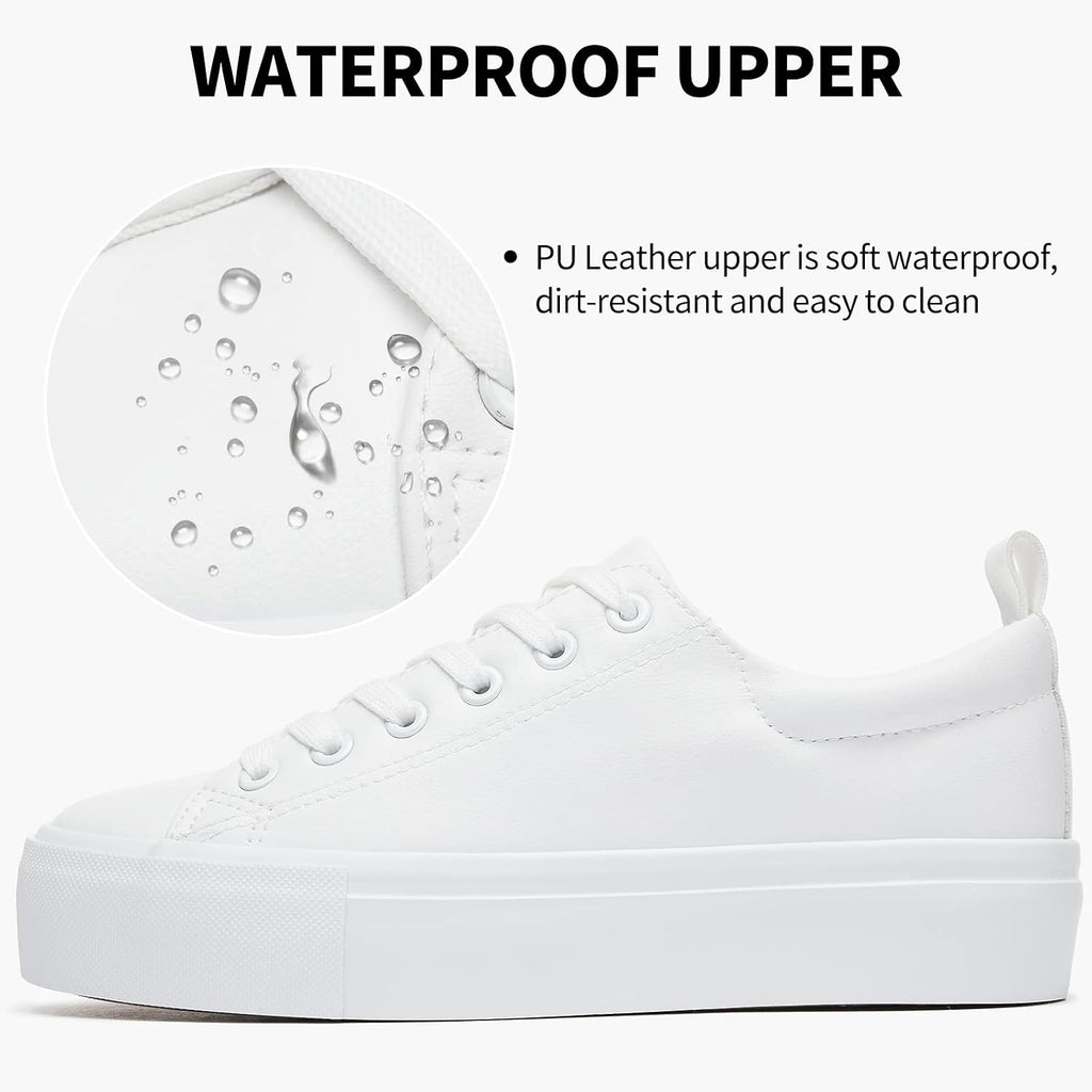 Women's White Platform Sneakers, Lace-Up PU Leather