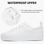 Women's White Platform Sneakers, Lace-Up PU Leather