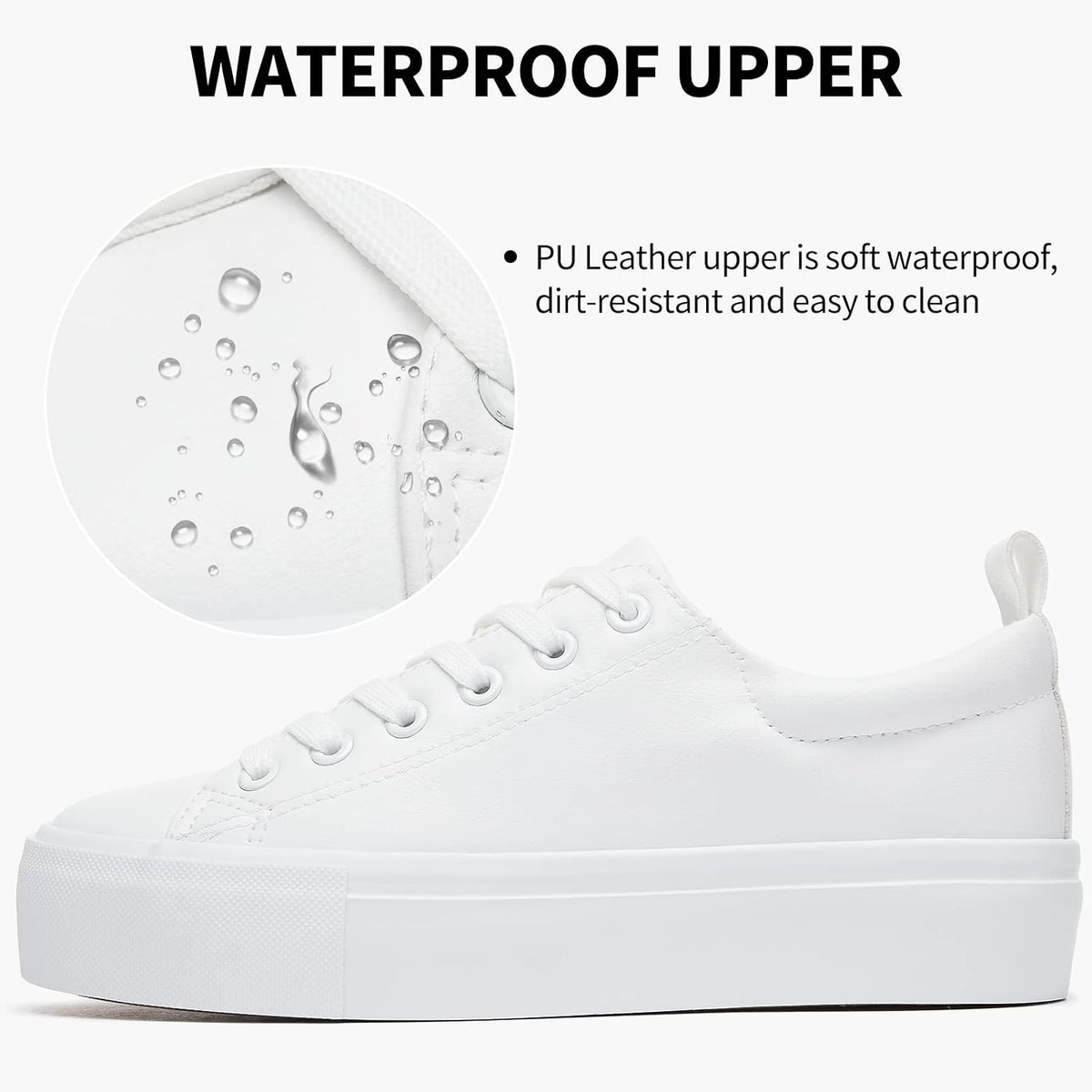 Women's White Platform Sneakers, Lace-Up PU Leather