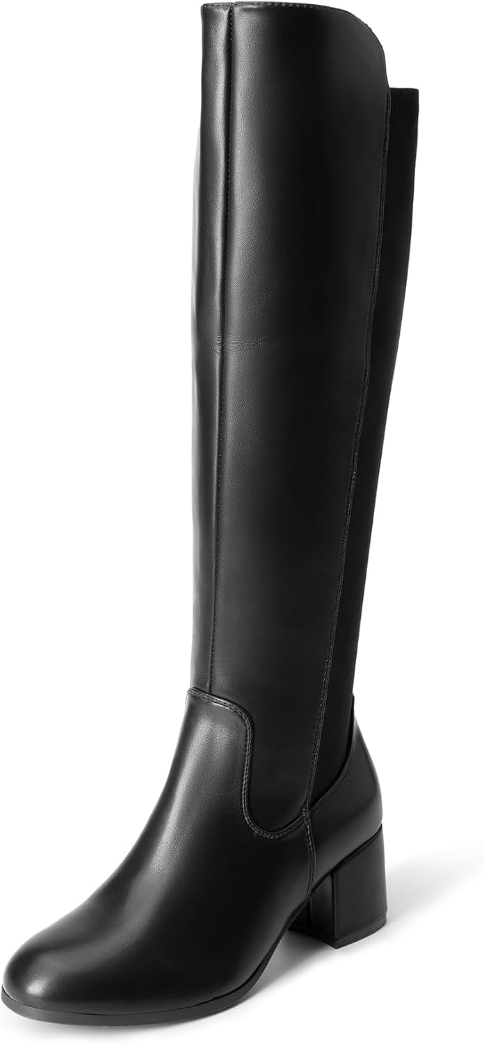 Women's Black Knee High Boots with Stretch & Block Heel