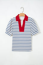 Stripe Colorblock Puff Sleeve Polo Collar Blouse