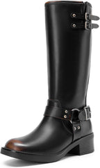 Women's Moto Knee High Boots with Block Heel & Buckles