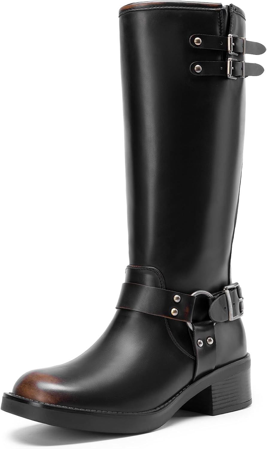 Women's Moto Knee High Boots with Block Heel & Buckles