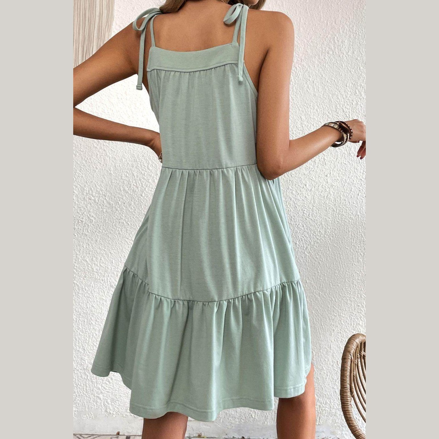 Tie-Shoulder Tiered Dress with Pockets - VacationGrabs