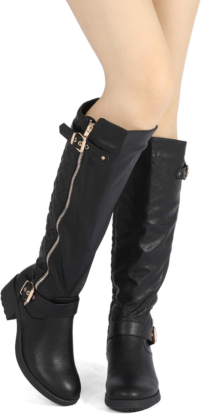 Women's Wide Calf Knee High Moto Boots with Faux Fur Lining