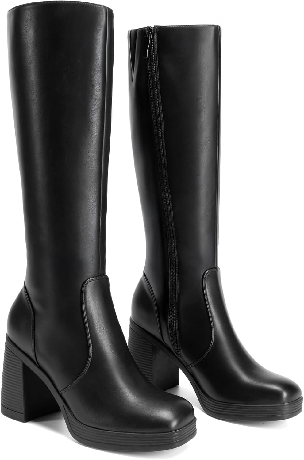 Women's Black Knee High Platform Boots with Inside Zip