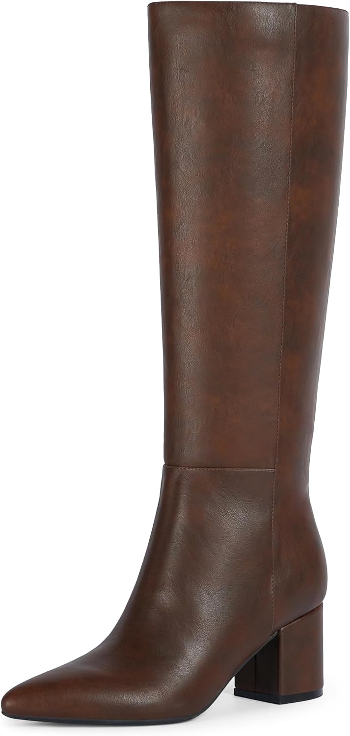 Women's Brown Knee High Boots with Chunky Low Block Heel