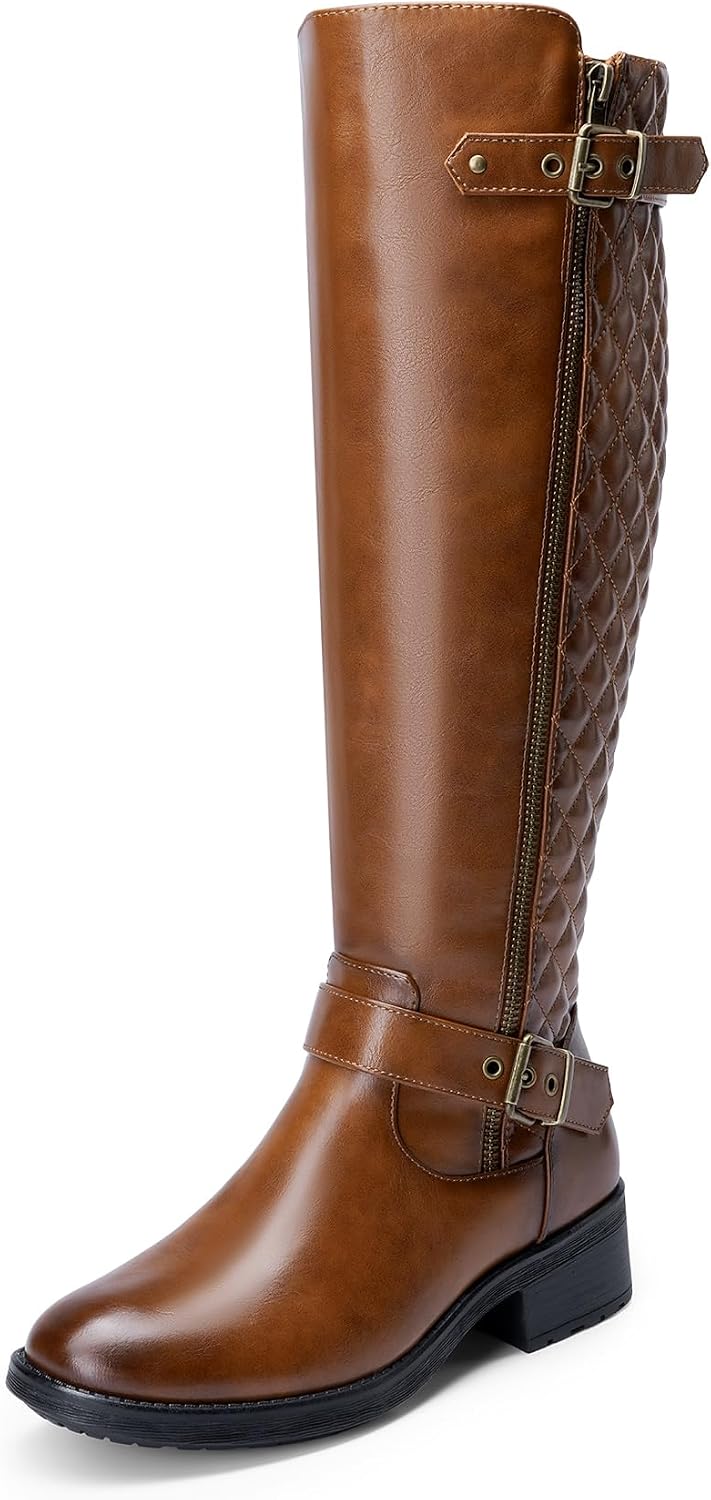 Women's Wide Calf Knee High Moto Boots with Faux Fur Lining