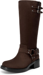 Women's Moto Knee High Boots with Block Heel & Buckles