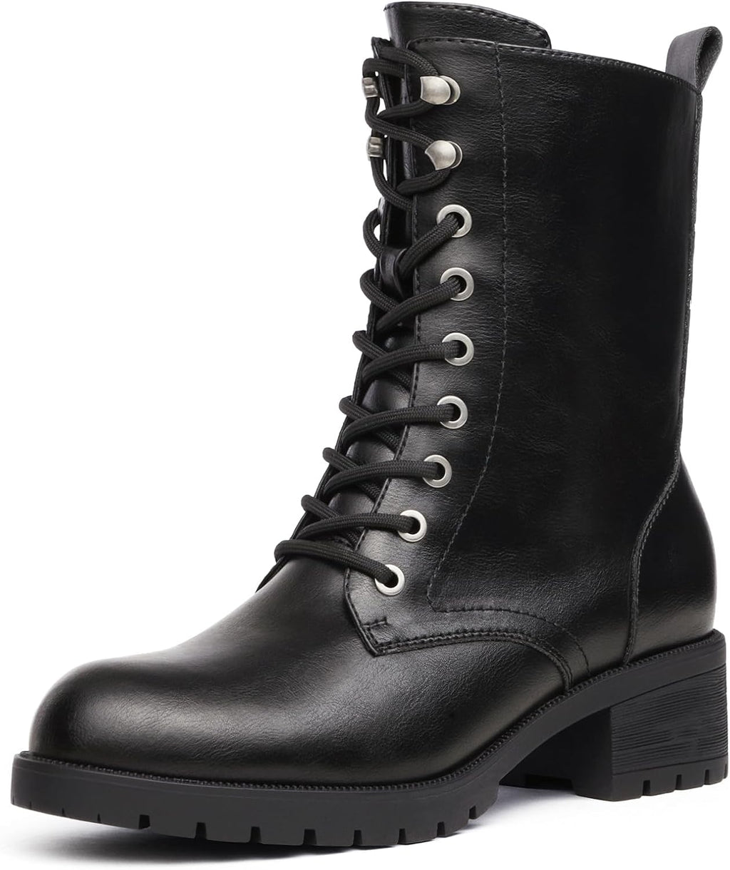 Women's Mid-Calf Lace-Up Combat Boots with Side Zipper