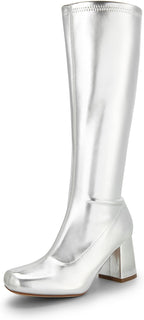 Women's Chunky Heel Knee High Gogo Boots, Square Toe