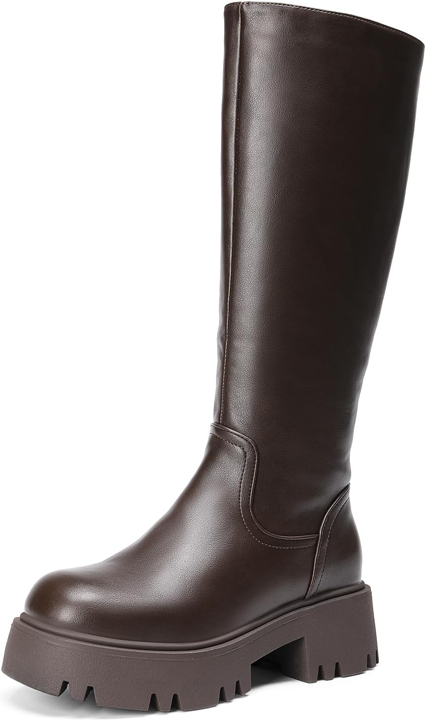 Women's Knee High Platform Chunky Heel Boots with Side Zip
