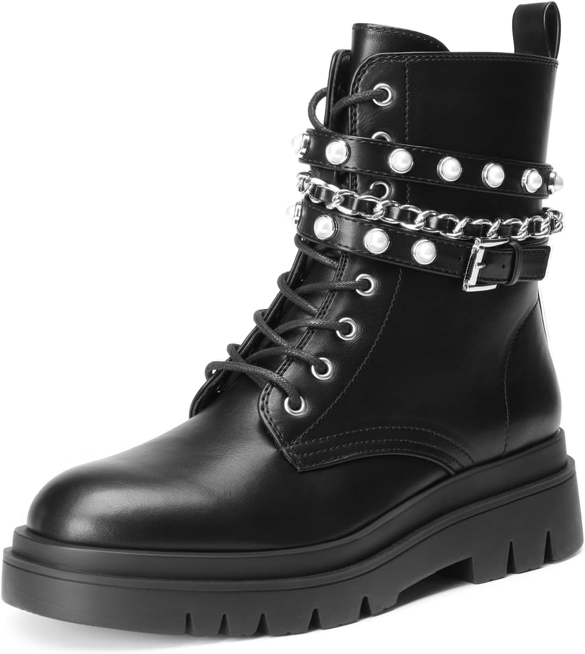 Women's Chunky Heel Combat Ankle Boots with Chain & Pearls