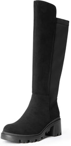 Women's Black Platform Knee High Boots with Lug Sole