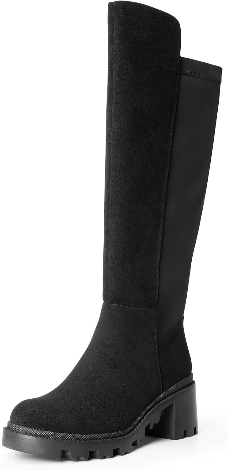Women's Black Platform Knee High Boots with Lug Sole
