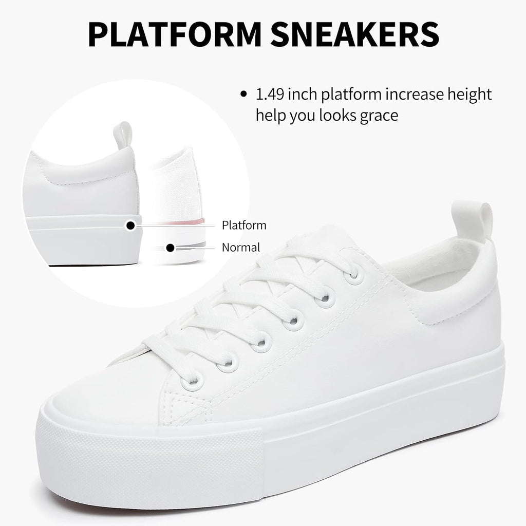 Women's White Platform Sneakers, Lace-Up PU Leather