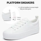 Women's White Platform Sneakers, Lace-Up PU Leather