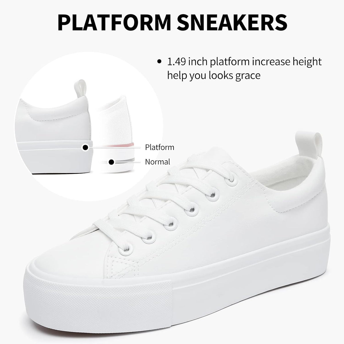 Women's White Platform Sneakers, Lace-Up PU Leather