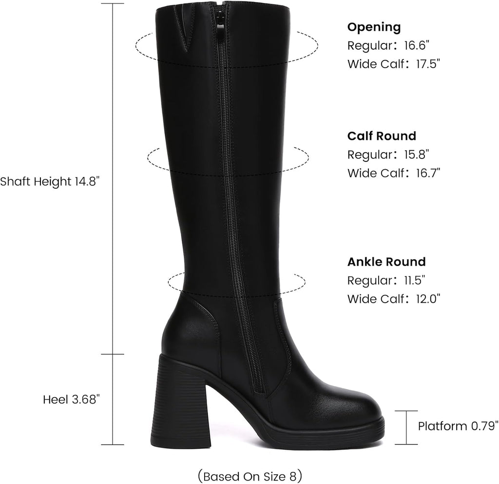 Women's Knee High Platform Boots, Wide Calf, Side Zip