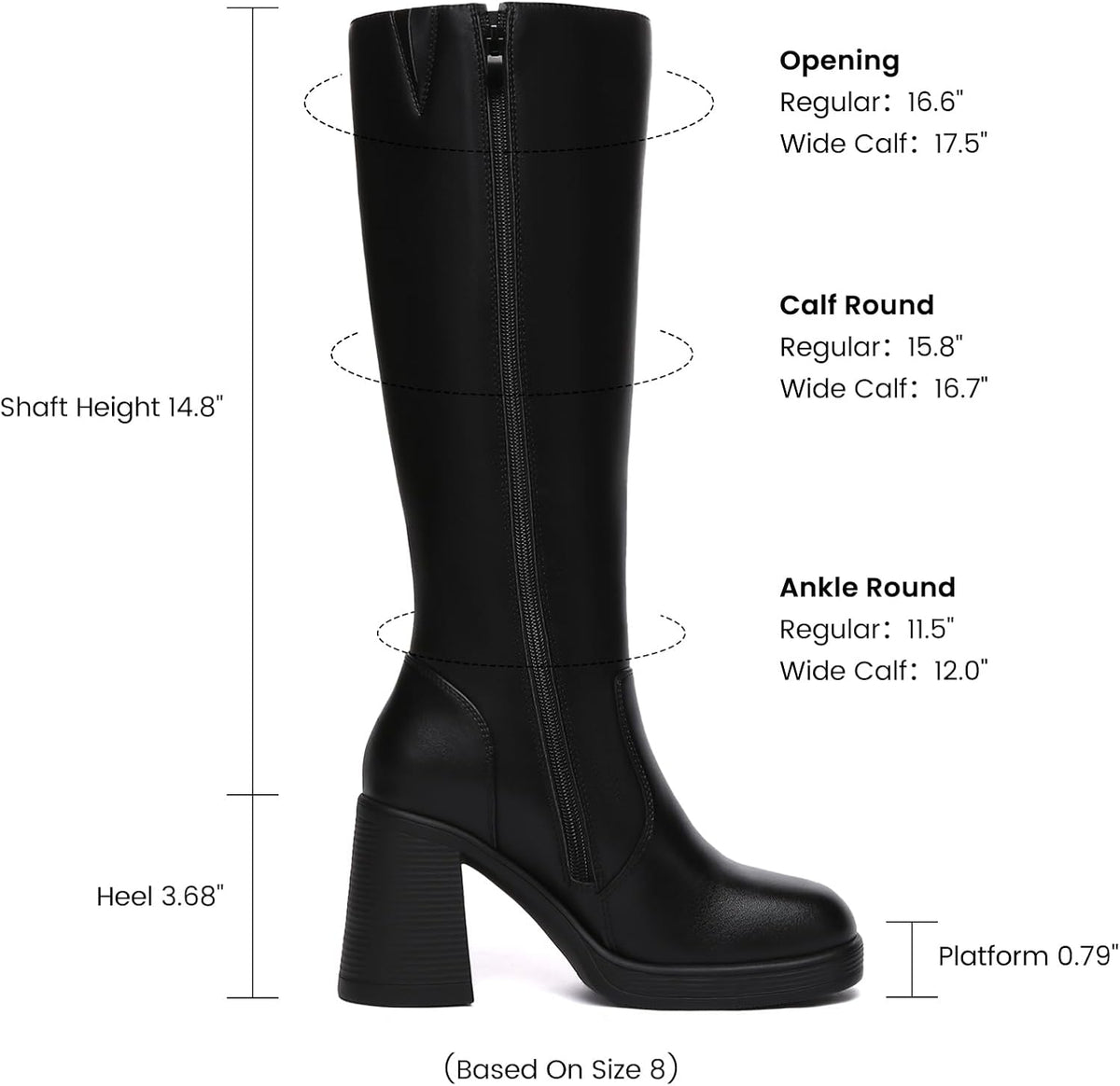 Women's Knee High Platform Boots, Wide Calf, Side Zip