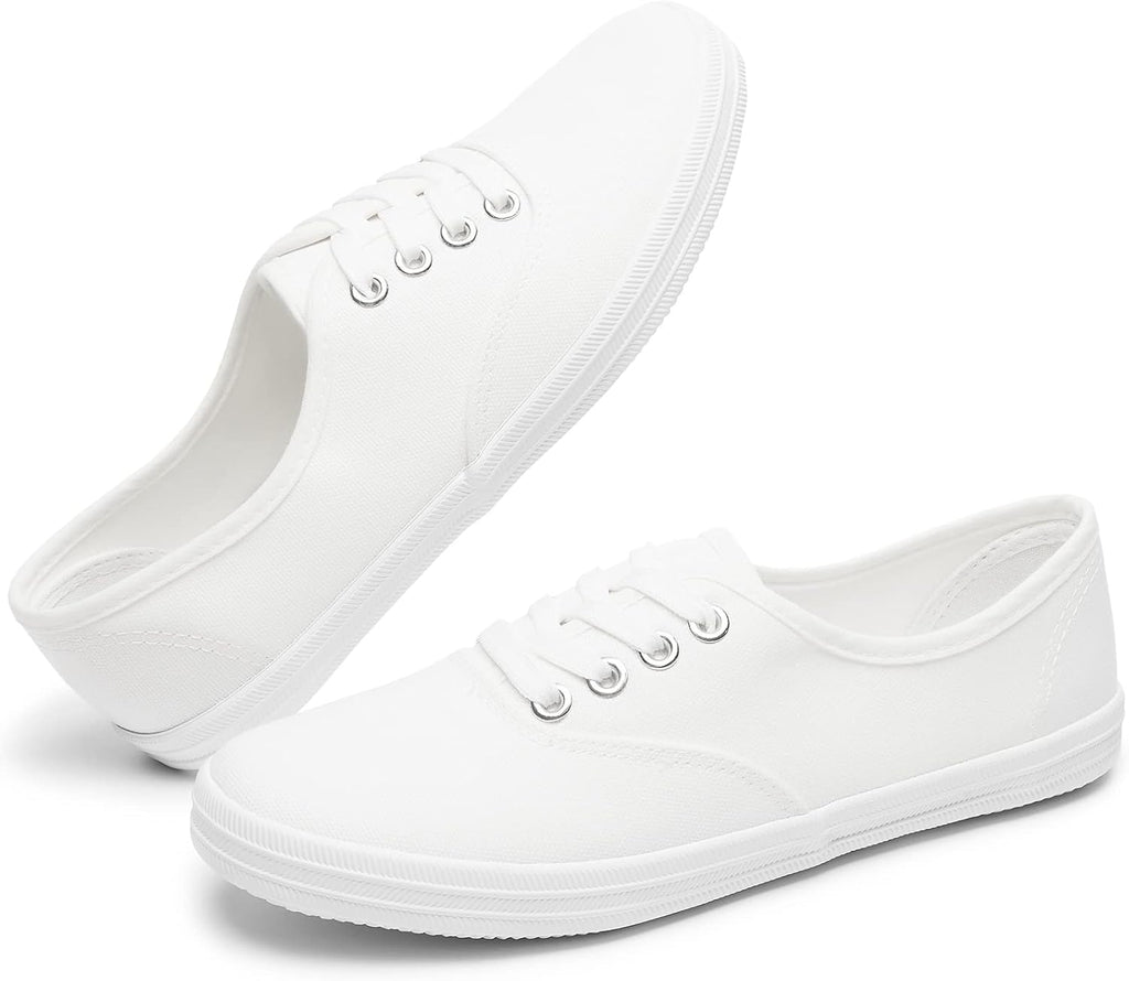 Women's White Canvas Low Top Lace-Up Sneakers for Travel