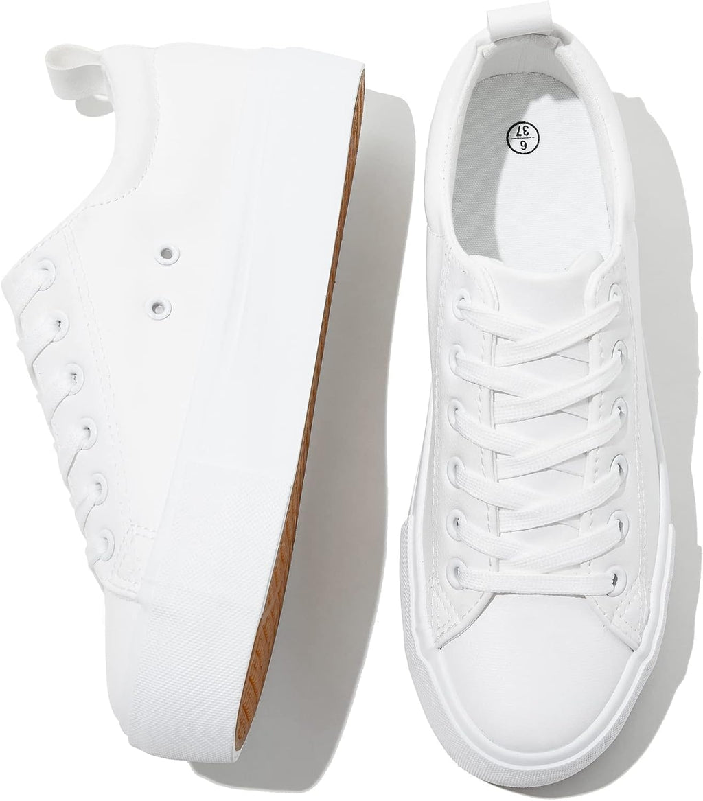Women's White Platform Sneakers, Lace-Up PU Leather