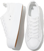 Women's White Platform Sneakers, Lace-Up PU Leather
