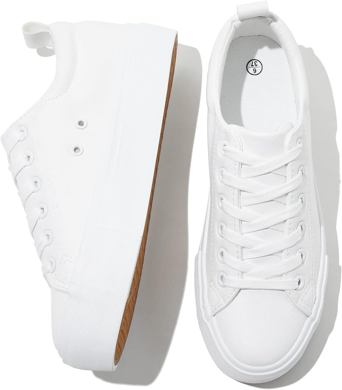 Women's White Platform Sneakers, Lace-Up PU Leather