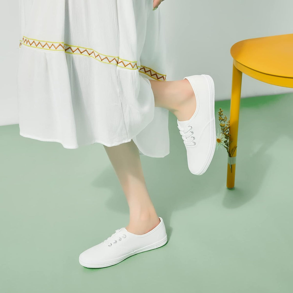 Women's White Canvas Low Top Lace-Up Sneakers for Travel