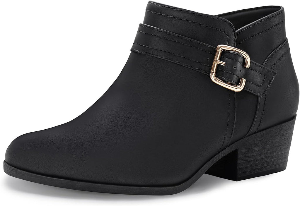 Women's Chunky Heel Ankle Boots with Zip & Metal Buckle