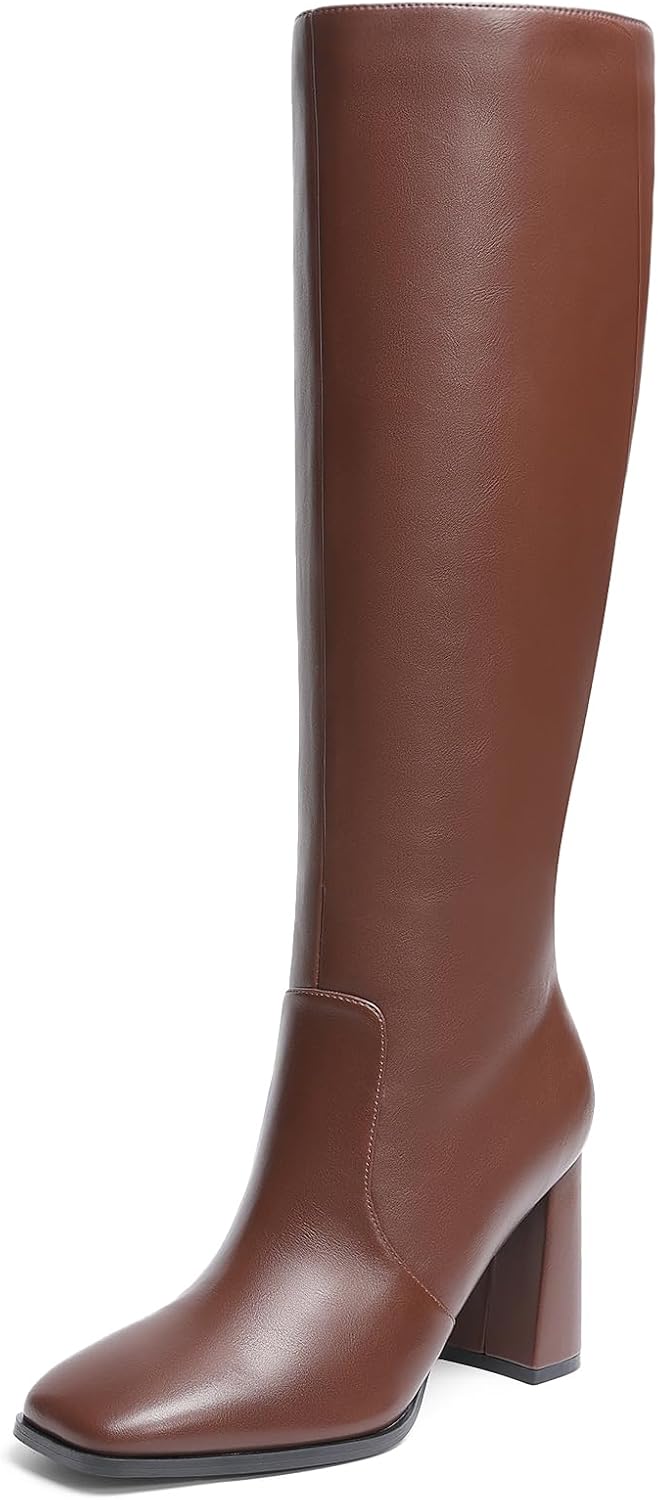 Women's Knee High Square Toe Boots, 3.35" Block Heel
